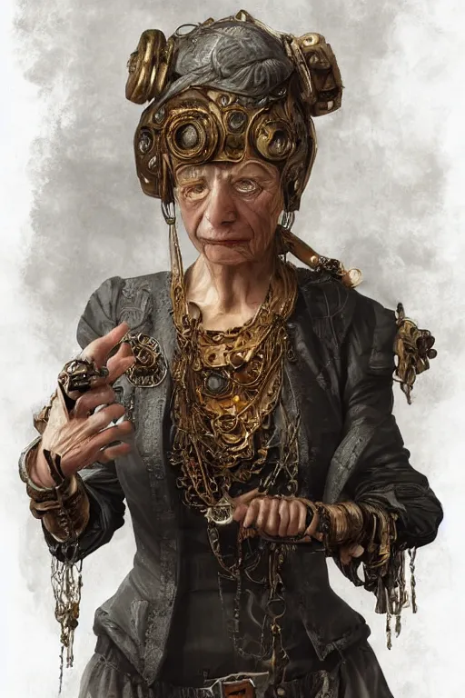 Image similar to portrait, headshot, digital painting, of a old 17th century, old lady cyborg merchant, amber jewels, techno circuit tatoos, baroque, ornate clothing, scifi, futuristic, realistic, hyperdetailed, chiaroscuro, concept art, art by Waterhouse