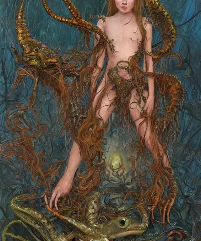 Prompt: a portrait photograph of a fierce sadie sink as an alien harpy queen with slimy amphibian skin. she is trying on evil bulbous slimy organic membrane fetish fashion and transforming into a fiery succubus amphibian black scorpion. by donato giancola, walton ford, ernst haeckel, brian froud, hr giger. 8 k, cgsociety