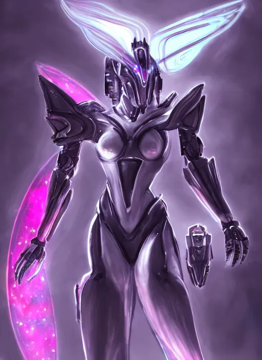 Prompt: detailed cinematic shot, cosmic sized perfectly proportioned stunning beautiful hot female warframe, detailed robot mecha female dragon head, metal ears led eyes, silver armor, fuschia leds, floating in empty space, nebula sized, holding a planet, epic proportions, epic size, epic scale, furry art, dragon art, giantess art, warframe fanart, furaffinity, deviantart