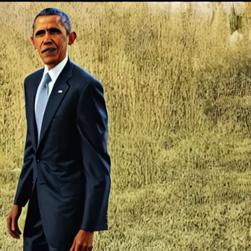 Image similar to Movie still of Barack Obama in a tan suit