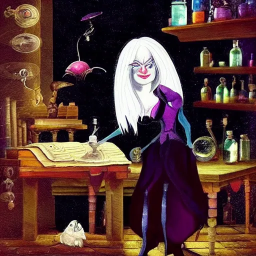 Image similar to a full body beautifull witch with white hair in an old room a cristal ball on wood table. with a potions and old instruments. on the floor a white cat licking his paw. in a fantasy style paiting