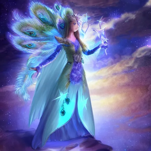 Prompt: 3 d character sheet of a starry blue fox peacock druid wearing magic imbued mage robes made from clouds with fairy lights inside the clouds to resemble stars, cloud mage robes, dungeons and dragons, fantasy art, in the style of the dragon prince on netflix