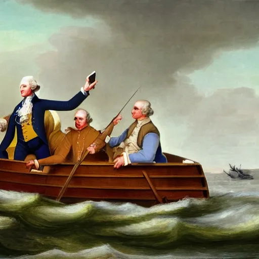 Prompt: painting of george washington talking on his iphone as he crosses the delaware river