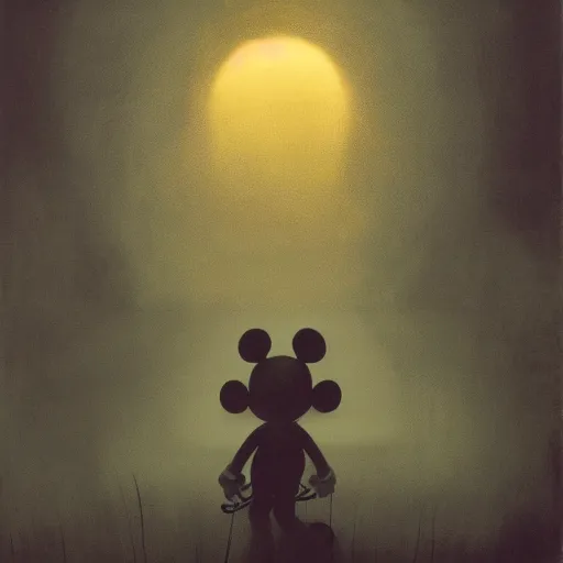 Image similar to mickey mouse, illustrated by zdzisław beksinski, 4 k, eerie atmosphere, grimly macabre lighting