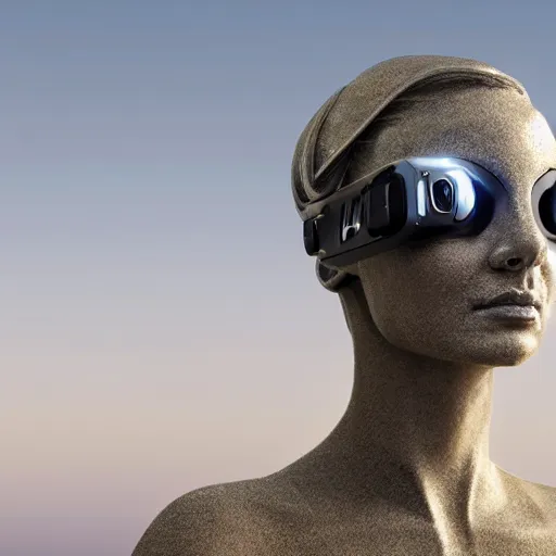 Prompt: the head of a marble cybernetic lady justice statue wearing a virtual reality headset on ground covered in sand, cyberpunk background, highly detailed, epic lighting, hyper photorealism, 8 k