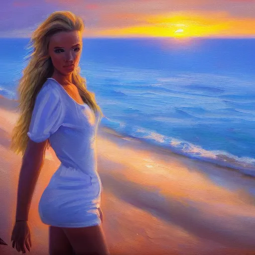 Image similar to an influencer girl portrait, sunset, ocean in distance, oil painting, pale colors, high detail, 8 k, wide angle, trending on artstation,