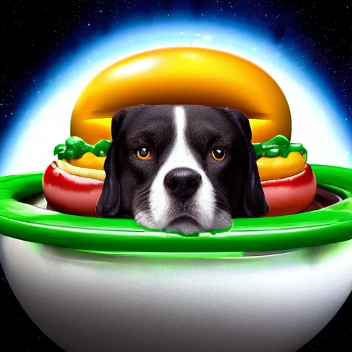 Image similar to a beautiful hotdog in space wearing a tuxedo with colorful bright green eyes, medium shot, hd, 8k, hyper-realism, detailed,