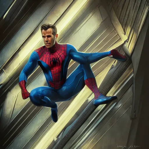 Image similar to ryan reynolds as a black and blue suit spider - man, cinematic, volumetric lighting, f 8 aperture, cinematic eastman 5 3 8 4 film, photorealistic by greg rutkowski, by stanley artgerm, by alphonse mucha