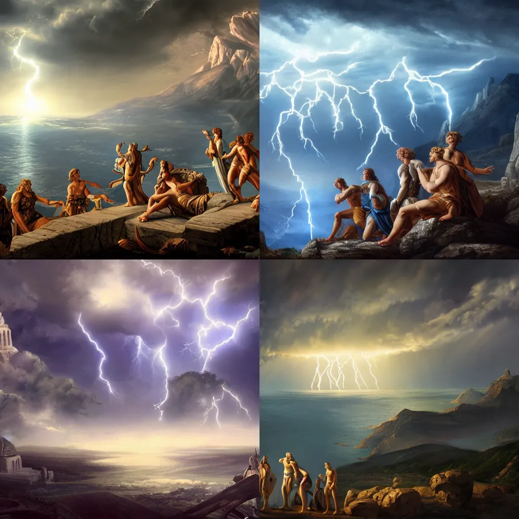 Prompt: Greek gods in a meeting at Mount Olympus, realistic , wide view , cinematic , sky full of lightning, apocalypse theme , full of details , 4k , trending on artstation, bright