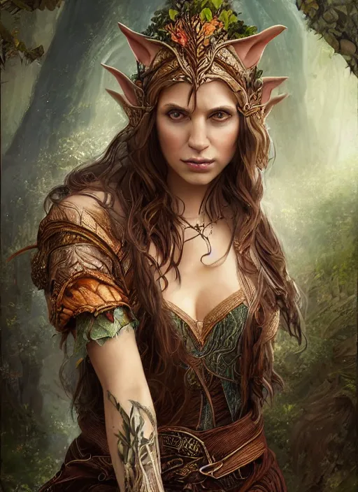 Prompt: a relaxed half elf middle aged druid in a sleeveless west, strong, full body, 8 k, hyperrealistic,, hyperdetailed, fantasy portrait by laura sava