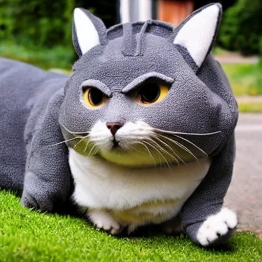 Image similar to a cat wear a totoro costume