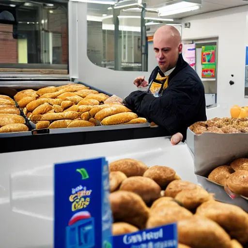 Prompt: fallguys bean at his saturday job working for greggs, photograph, documentary photography, sauage rolls