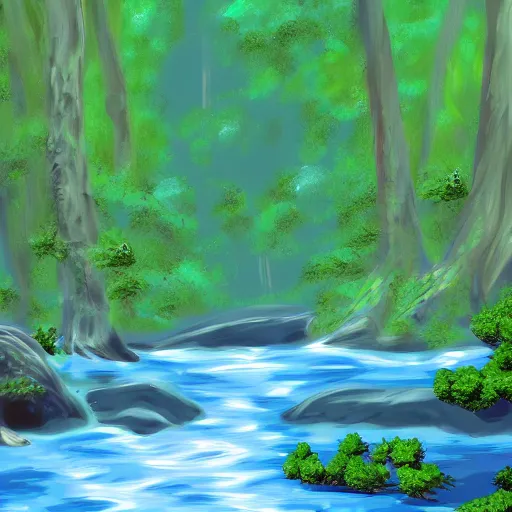 Image similar to digital art painting of a river running through a forest, very mediocre, not detailed at all.