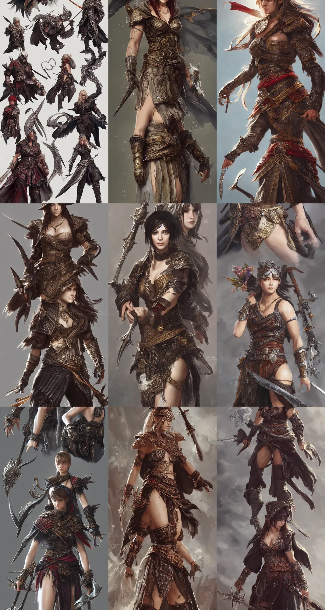 Prompt: highly detailed paintings of character concept and fashion art spot illustrations from the xena and assassin's creed and final fantasy crossover, hyper detailed, digital art, trending on artstation, cinematic lighting, studio quality, smooth, sharp details, in the style of nixeu and fenghua zhong.