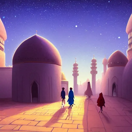 Prompt: bedouin walking towards mosque surrounded by nebula, artstation, detailed cartoon, elegant, digital painting, concept art, smooth, sharp focus, illustration, ghibli, makoto shinkai, don bluth, fujita goro, jean giraud, akihiko yoshida, tom whalen 8 k