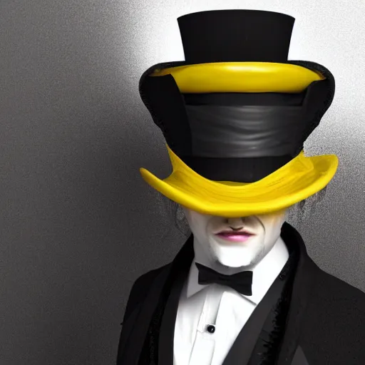 Image similar to a highly detailed portrait of a man in a high top hat covering his face, in a black tailcoat with a yellow waistcoat under the tailcoat, artstation, deviantart, professional, unreal engine 5, photorealistic