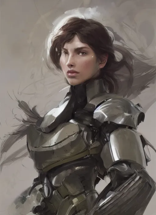 Image similar to a professional painting of a beautiful young female, clothed in military armor, olive skin, long dark hair, beautiful bone structure, symmetrical facial features, intricate, elegant, digital painting, concept art, smooth, sharp focus, illustration, from Metal Gear, by Ruan Jia and Mandy Jurgens and Artgerm and William-Adolphe Bouguerea