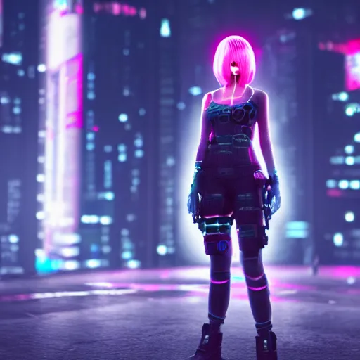 Prompt: full body portrait of a beatiful girl with short pink hair and glowing eyes, cyberpunk, cinematic, unreal engine, 4k, realistic, wallpaper