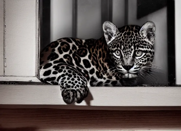 Image similar to photography of a Jaguar Cat . watching outside the window. on a bed. in a 70's room full of vinyls and posters, photorealistic, award winning photo, 100mm, sharp, high res