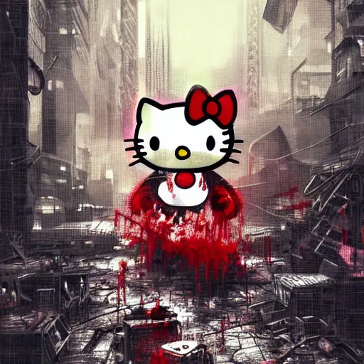 Image similar to hello kitty drenched in blood in a post - apocalyptic dystopian destroyed cityscape, digital art, artstation, high resolution