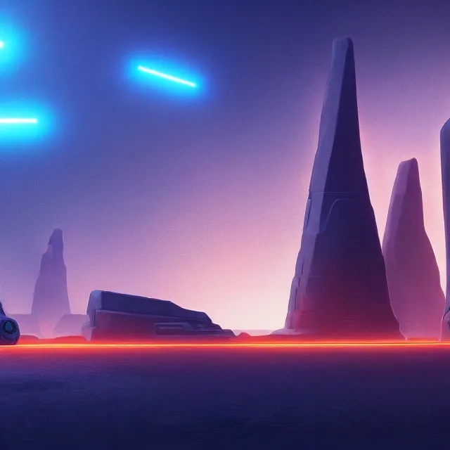 Prompt: a black sandy beach with monoliths in the background, tron legacy!, blue and orange neon lights, dark waters, dark lighting, misty background, vivid colors, high detail, trending on artstation, deviantart featured