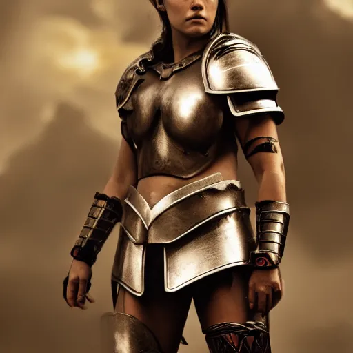 Image similar to pretty female gladiator wearing armor in the arena, shallow depth of field, moody lighting, 8 k, concept art,