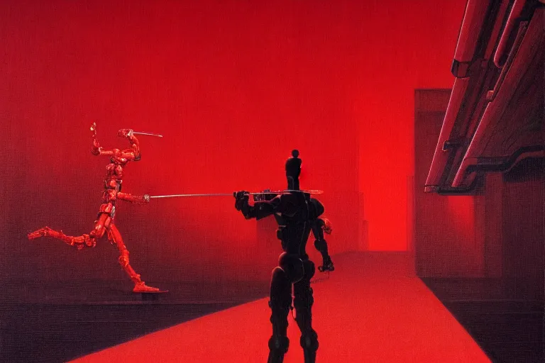 Image similar to only with red, a red cyborg samurai, tokio futuristic in background, some evil yokai fight, in the style of beksinski, parts by edward hopper, parts by rodcenko, parts by yue minjun, intricate and epic composition, red by caravaggio, insanely quality, highly detailed, masterpiece, red light, artstation, 4 k