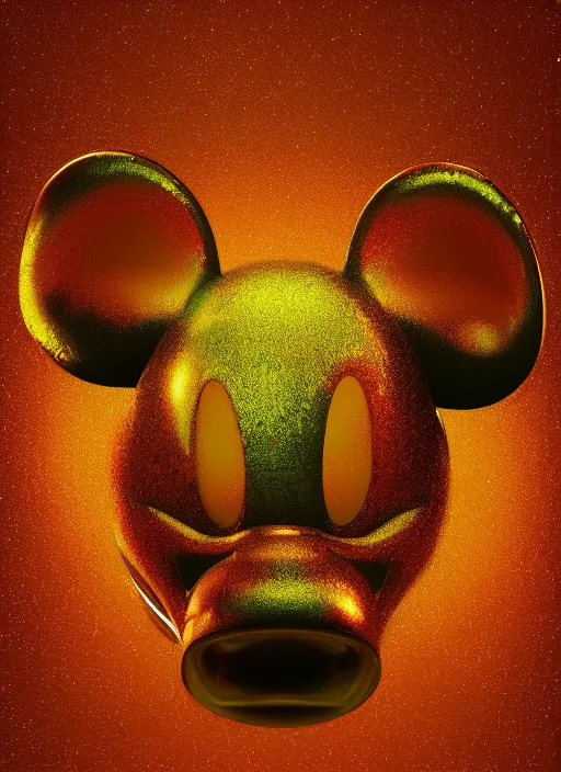 Image similar to mickey mouse head, fractal, broken, wet, mycelium, radiant alien, rococo, baroque, automotive, bio-mechanical, porcelain, iridescent sub surface scattering, octane render