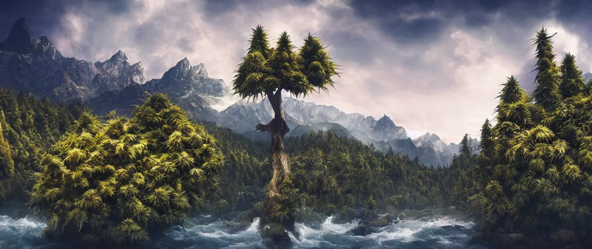 Image similar to realistic giant cannabis monster trees, mountains, river, landscape, photo, concept art, universe in the sky, cinematic lighting, 4k, wide angle, warm tones, Earth,