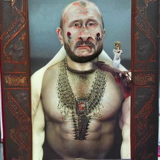 Prompt: ramzan kadyrov became bloody ugly puppet of putin, photo - realistic, color image, 2 k, highly detailed, bodyhorror, occult art