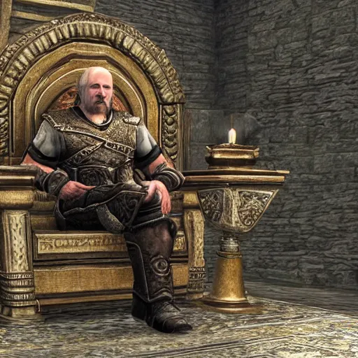 Prompt: Alexander Lukashenko as a Jarl in The Elder Scrolls V: Skyrim sitting on his throne