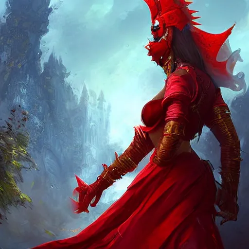 Prompt: a woman in red, she wears a golden mask os dragon, epic fantasy digital art, fantasy style art, by Greg Rutkowski, fantasy hearthstone card art style