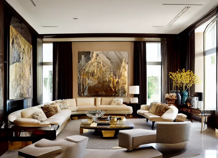 Image similar to a high end luxury living room designed by john chamberlain, interior design magazine photography