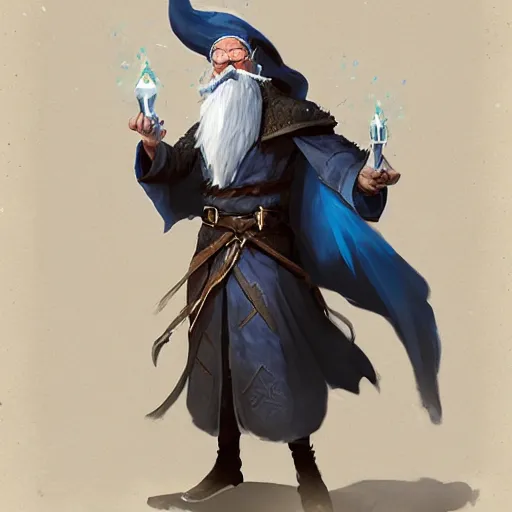 Image similar to a DnD character card of a wizard with a white beard and a blue robe and a wizard hat, hyperdetailed concept art by Ross Tran and Greg Rutkowski, realistic, trending on ArtStation, 8k