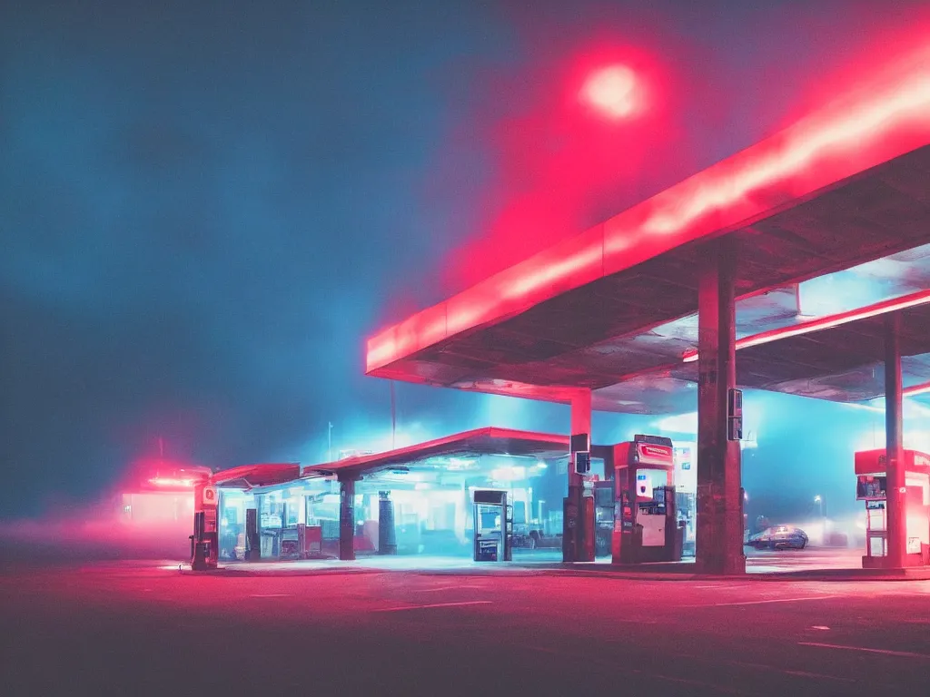 Image similar to “photography of gas station , fog, blue and red lights, night, mood, atmospheric, full of colour, digital photography”