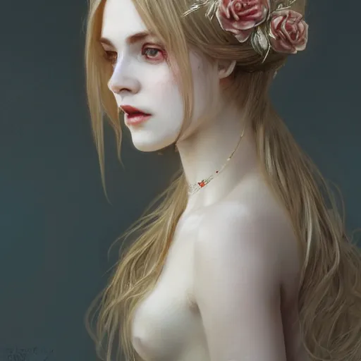 Prompt: portrait of very beautiful vampire, rose thorn crown, thorns everywhere, headshot, pale skin, 4k, rule of thirds, extreme detail, detailed drawing, trending artstation, hd, fantasy, D&D, realistic lighting, by Alphonse Mucha, Greg Rutkowski, sharp focus, backlit, blonde hair, elegant