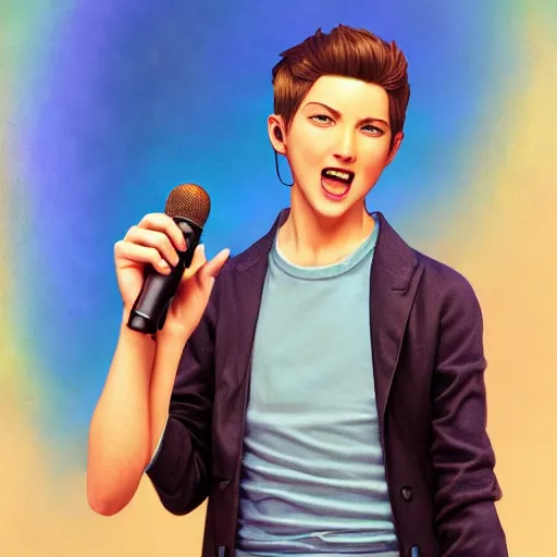 Image similar to a handsome young man with sandy brown hair and blue eyes singing into a neon blue microphone headset posing on stage. dynamic!! pose. gesture drawing. concert. cinematic lighting. wide shot photorealistic. hyper realism. ray tracing hdr. intricate detailed masterpiece. by bouguereau and shigenori soejima. lifelike.