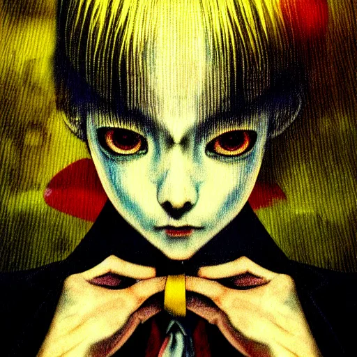 Image similar to yoshitaka amano blurred and dreamy realistic three quarter angle horror portrait of a sinister young woman with short hair and yellow eyes wearing office suit with tie, junji ito abstract patterns in the background, satoshi kon anime, noisy film grain effect, highly detailed, renaissance oil painting, weird portrait angle, blurred lost edges