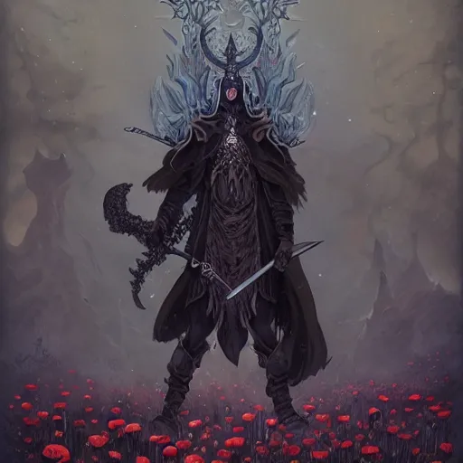 Image similar to Highly detailed powerful eldritch god of the night standing in elvish armor with a sword by Peter Mohrbacher, a cold night in a field of poppy flowers by Kelly Mckernan, a blade of ebony and gold by Takeshi Obata, trending on artstation
