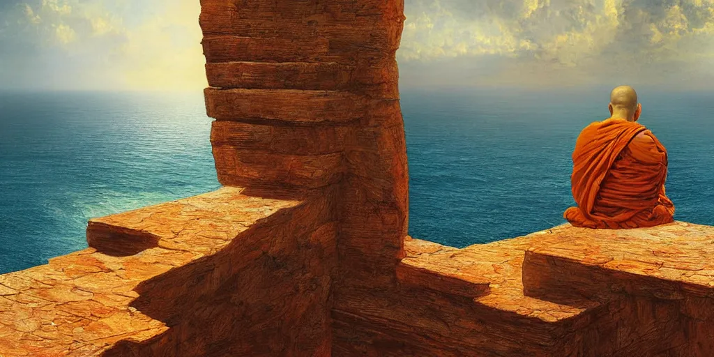 Image similar to a monk sits on the cliff ledge in the lotus position looking out onto a vast ocean, by Marc Simonetti