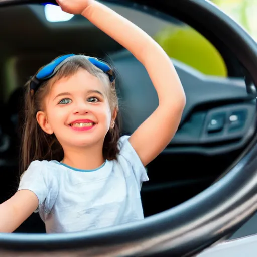 Image similar to small girl sitting on the wheel in the car and driving