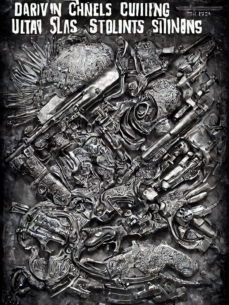 Image similar to carving in dark black steel of machine guns shotguns rifles revolvers bullets, dark vintage paperback cover, ultra-realistic, intricate details, 4k