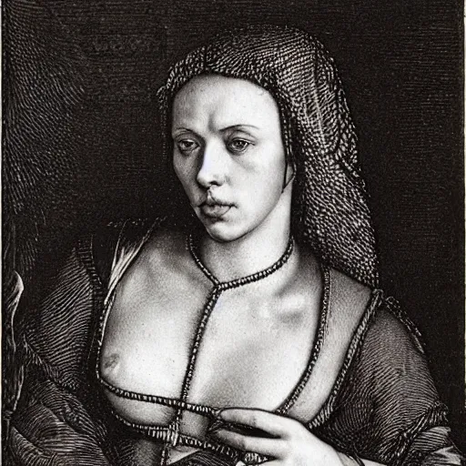 Prompt: engraving of a portrait of scarlet johansson by albrecht durer