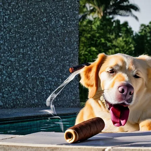 Image similar to a very detailed photo of a dog ( smoking a cigar ) outside the mansion by the pool