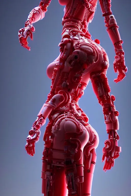 Image similar to a statue made of red marble, of an beautiful chinese girl, full body shot, perfect body, white biomechanical, inflateble shapes, wearing epic bionic cyborg implants, masterpiece, intricate, biopunk futuristic wardrobe, vogue, highly detailed, artstation, concept art, background galaxy, cyberpunk, octane render