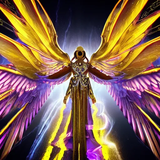 Image similar to a photo of 8 k hyper realistic, octane render archangel with white iridescent wings, full body, intricate purple and yellow neon armor, ornate, standing on front of huge megastructure red doors of heaven, with sword of fire, magical atmosphere, cinematic lighting, trending on artstation, 4 k, hyperrealistic, focused, high details, unreal engine 5