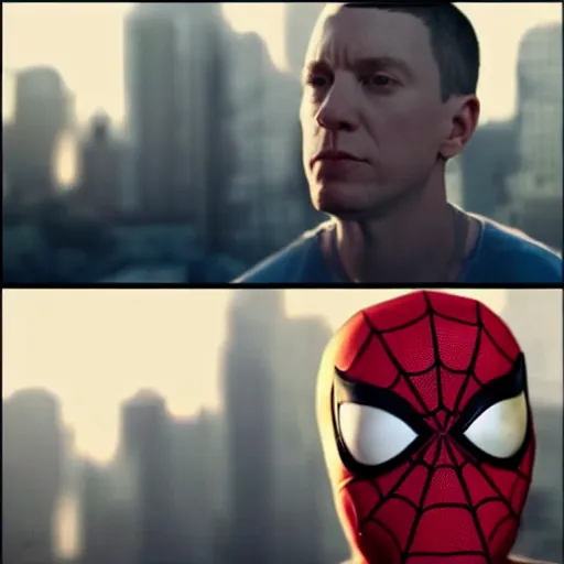 Image similar to Eminem as Spiderman, photorealistic, cinematic lighting, shot on iphone