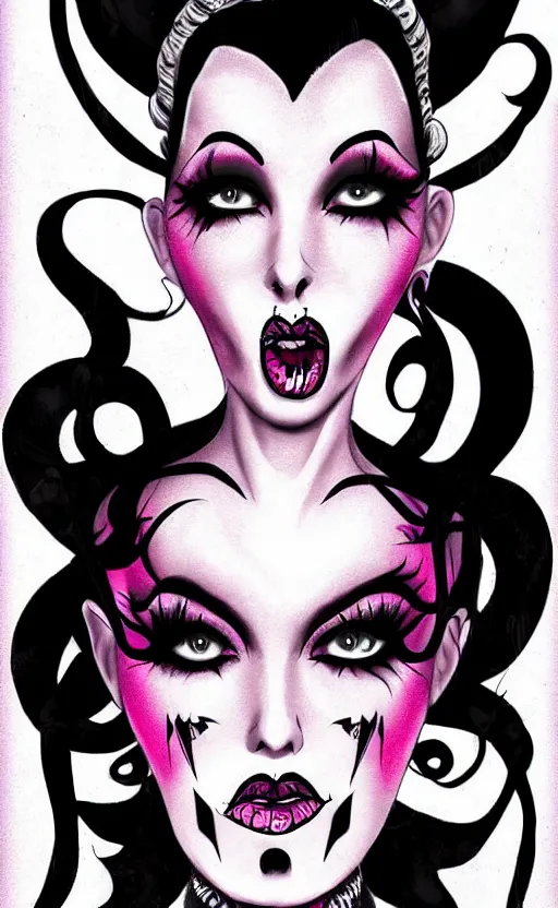 Image similar to of a goth girl burlesque psychobilly, rockabilly, punk, black hair, detailed face, white background, drawing, full body shot, portrait illustration