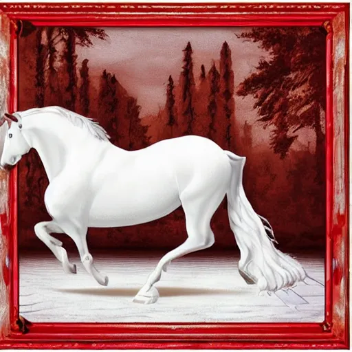 Prompt: an all white horse, with no facial features, like a white mask pulled over their face, full body laying in a blood red pool of water between a golden mirror frame, inside the frame of the mirror is the bohemian grove sacrifice ritual and outside the mirror frame is a deep space., physically accurate, dynamic lighting, intricate, elegant, highly detailed, very very Roberto Ferri, sharp focus, very very unsettling, very terrifying, illustration, art