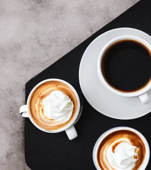 Prompt: a mug of steaming black coffee with a small amount of whipped cream on top, food photography, bokeh!, warm colors